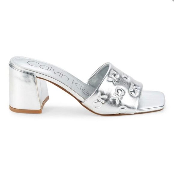 CALVIN KLEIN ELORA Women's Block Heel Logo Dress Sandals Silver Size 8.5 M - Picture 2 of 7